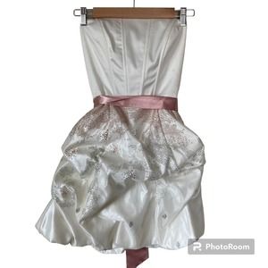 Jessica McClintock White Pink Shimmery Short Formal Dress with Satin Bow Size 5